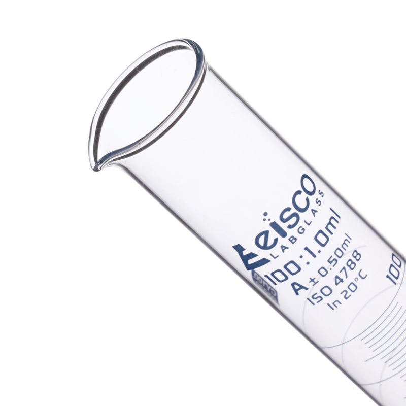 EISCO Graduated Cylinder, 100ml - Class A Tolerance Â±0.50ml - Round Base - Blue Graduations - Borosilicate 3.3 Glass - Eisco Labs - Image 3